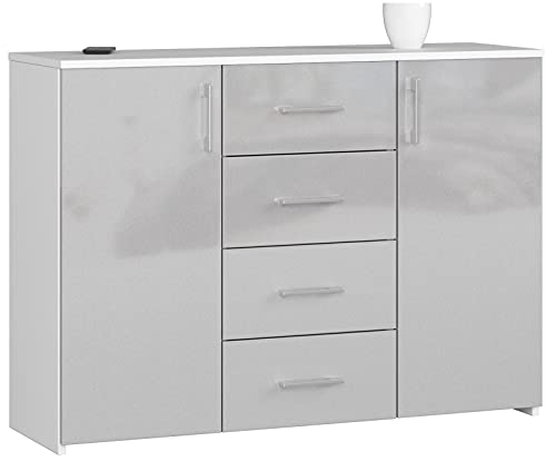 AKORD Kommode K45 mit 4 Schubladen und 2 Ablagefächern mit Türen | für das Wohnzimmer Schlafzimmer Schrank Büro Arbeitszimmer | B110 x H80 x T35 cm, Gewicht 43kg | Weiß/Metallic-Glanz von AKORD