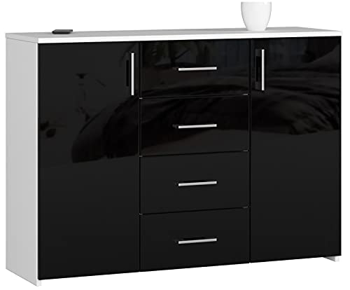 AKORD Kommode K45 mit 4 Schubladen und 2 Ablagefächern mit Türen | für das Wohnzimmer Schlafzimmer Schrank Büro Arbeitszimmer | B110 x H80 x T35 cm, Gewicht 43kg | Weiß/Schwarz Glänzend von AKORD