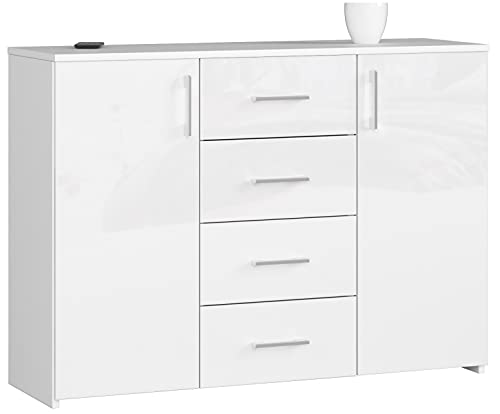 AKORD Kommode K45 mit 4 Schubladen und 2 Ablagefächern mit Türen | für das Wohnzimmer Schlafzimmer Schrank Büro Arbeitszimmer | B110 x H80 x T35 cm, Gewicht 43kg | Weiß/Weiß Glänzend von AKORD