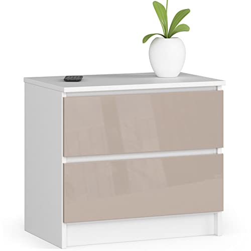 AKORD Kommode K60 mit 2 Schubladen | für das Wohnzimmer Schlafzimmer Schrank Büro Arbeitszimmer | Modernes Funktionales Design | B60 x H55 x T40 cm, Gewicht 20kg | Weiß/Glänzender Cappuccino von AKORD