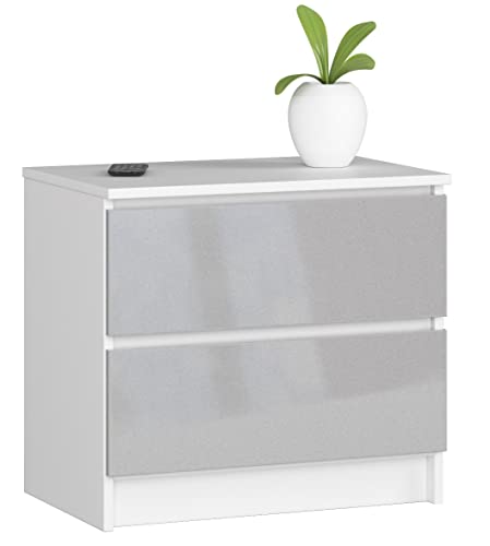 AKORD Kommode K60 mit 2 Schubladen | für das Wohnzimmer Schlafzimmer Schrank Büro Arbeitszimmer | Modernes Funktionales Design | B60 x H55 x T40 cm, Gewicht 20kg | Weiß/Metallic-Glanz von AKORD