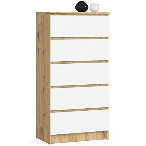 AKORD Kommode K60 mit 5 Schubladen | für das Wohnzimmer Schlafzimmer Schrank Büro Arbeitszimmer | Modernes Funktionales Design | B60 x H121 x T40 cm, Gewicht 39kg | Kunsthandwerkliche Eiche | Weiß von AKORD