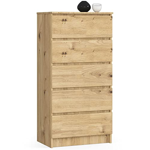AKORD Kommode K60 mit 5 Schubladen | für das Wohnzimmer Schlafzimmer Schrank Büro Arbeitszimmer | Modernes Funktionales Design | B60 x H121 x T40 cm, Gewicht 39kg | Kunsthandwerkliche Eiche von AKORD