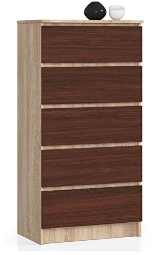 AKORD Kommode K60 mit 5 Schubladen | für das Wohnzimmer Schlafzimmer Schrank Büro Arbeitszimmer | Modernes Funktionales Design | B60 x H121 x T40 cm, Gewicht 39kg | Sonoma Eiche/Wenge von AKORD