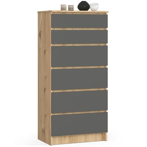 AKORD Kommode K60 mit 6 Schubladen | für das Wohnzimmer Schlafzimmer Schrank Büro Arbeitszimmer | Modernes Funktionales Design | B60 x H130 x T40 cm, Gewicht 43kg | Artisan Eiche/Graphitgrau von AKORD