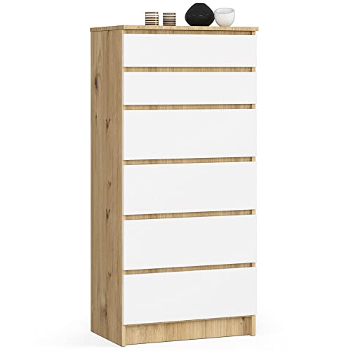 AKORD | Kommode K60 mit 6 Schubladen | für das Wohnzimmer Schlafzimmer Schrank Büro Arbeitszimmer | Modernes Funktionales Design | B60 x H130 x T40 cm, Gewicht 43kg | Eiche Artisan-weiß von AKORD