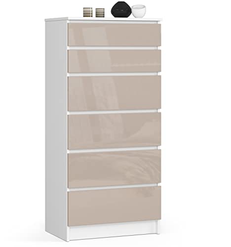 AKORD Kommode K60 mit 6 Schubladen | für das Wohnzimmer Schlafzimmer Schrank Büro Arbeitszimmer | Modernes Funktionales Design | B60 x H130 x T40 cm, Gewicht 43kg | Weiß/Glänzender Cappuccino von AKORD