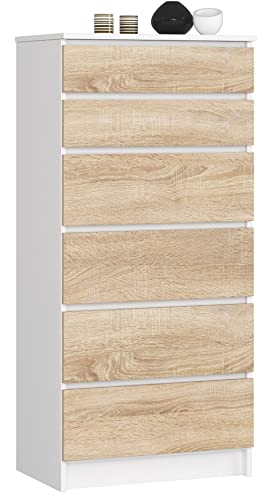 AKORD Kommode K60 mit 6 Schubladen | für das Wohnzimmer Schlafzimmer Schrank Büro Arbeitszimmer | Modernes Funktionales Design | B60 x H130 x T40 cm, Gewicht 43kg | Weiß/Sonoma-Eiche von AKORD