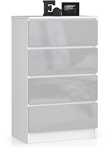 AKORD Kommode mit 4 Schubladen Beistellschrank Highboardmodernes Sideboard für Wohnzimmer Esszimmer Schlafzimmer Flur Badezimmer 60x99x40cmWeiß / Metallic-Glanz von AKORD