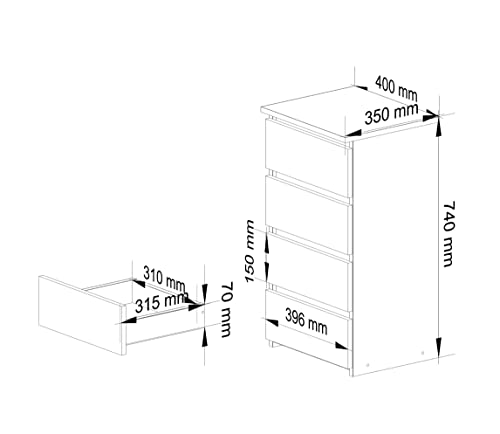 AKORD | Kommode mit 4 Schubladen| Rollschubladen | Schubladenschrank Kleiderschrank | Sideboard mit Ablage | Robust | Universal Design | Graphitgrau | Eiche Artisan von AKORD