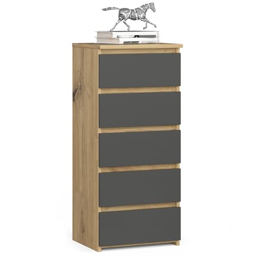 AKORD Kommode CL5 40 cm | 5 Schubladen | Schrank | für das Wohnzimmer | für das Schlafzimmer | B40 x H92 x T35 cm | Gewicht 21,9 kg | Artisan Eiche/Graphitgrau von AKORD