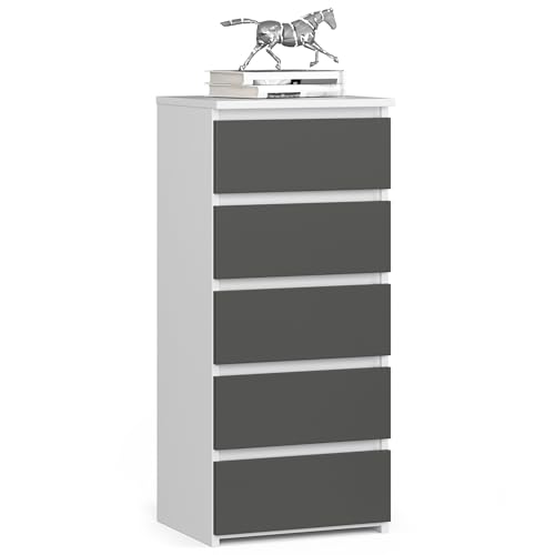 AKORD Kommode CL5 40 cm | 5 Schubladen | Schrank | für das Wohnzimmer | für das Schlafzimmer | B40 x H92 x T35 cm | Gewicht 21,9 kg | Weiß/Graphitgrau von AKORD