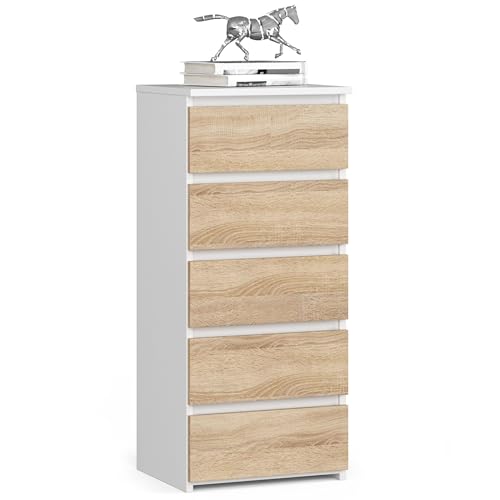 AKORD | Kommode mit 5 Schubladen| Rollschubladen | Schubladenschrank Kleiderschrank | Sideboard mit Ablage | Robust | Universal Design | Weiß | Sonoma-Eiche von AKORD