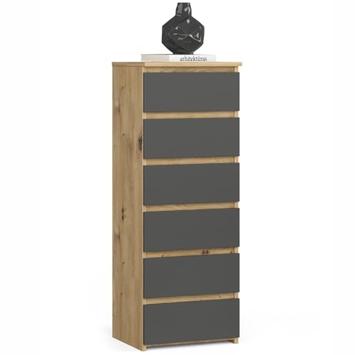 AKORD Kommode CL6 40 cm | 6 Schubladen | Schrank | für das Wohnzimmer | für das Schlafzimmer | B40 x H109 x T35 cm | Gewicht 25,5 kg | Artisan Eiche/Graphitgrau von AKORD