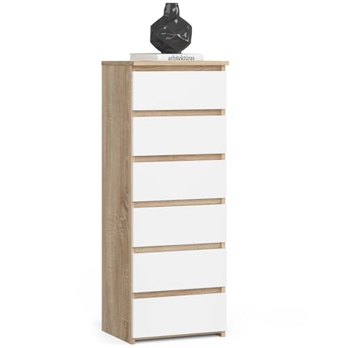 AKORD | Kommode mit 6 Schubladen| Rollschubladen | Schubladenschrank Kleiderschrank | Sideboard mit Ablage | Robust | Universal Design | Sonoma-Eiche | Weiß von AKORD