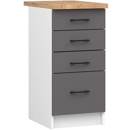 AKORD Küchen-Unterschrank OLIWIA 40 cm | 4 Schubladen | Küchenschränke | Geräumig | Für eine kleine Küche | Für Küchenzeile | Als Teil eines Sets | B40 x H85 x T46 cm | 32,20 kg | Weiß & Graphitgrau von AKORD