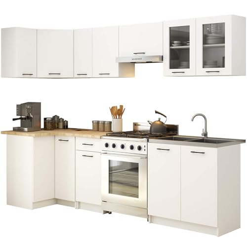 AKORD Küchenmöbel-Set OLIWIA 3.0m Modulares Weiß 300 cm 11 Türen 1 Schublade, Küche Komplett, Kitchen Cabinet Set, Küchenschränke, Standschränke, B300xH203xT46 cm, Weiß & Weiß von AKORD
