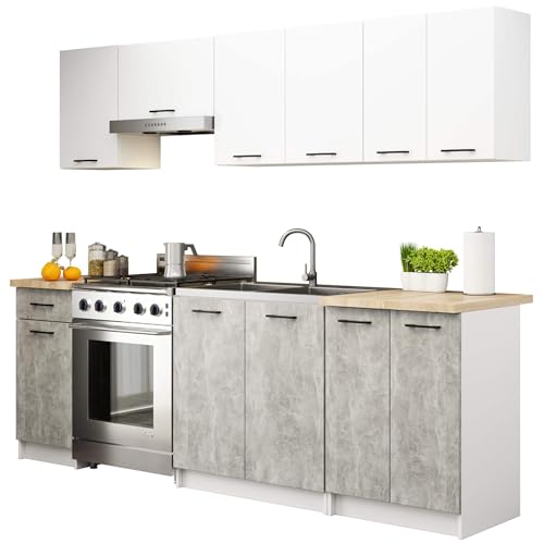 AKORD | KüchenmöbelSet 2.4m | Küche Komplett | Kitchen Cabinet Set | Küchenschränke | Standschränke | Hängeschränke | Schubladen | Untertischschrank | Weiß & Beton Front von AKORD