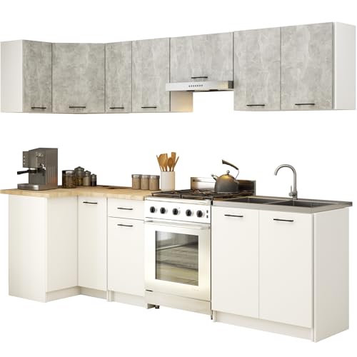 AKORD | KüchenmöbelSet 3m | Küche Komplett | Kitchen Cabinet Set | Küchenschränke | Standschränke | Hängeschränke | Schubladen | Untertischschrank | Beton & Weiß Front von AKORD