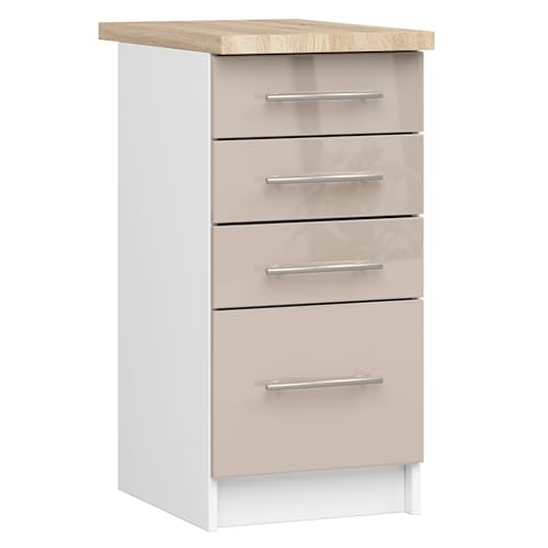 AKORD | Küchenschrank mit Arbeitsplatte - Oliwia S40 | Küchenunterschrank mit 4 Schubladen | Unterschrank Küche 40 cm Breit | ABS-Kante 18 mm | 46 x 40 x 85 cm | Weiß | Cappuccino Glanz von AKORD