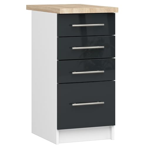 AKORD | Küchenschrank mit Arbeitsplatte - Oliwia S40 | Küchenunterschrank mit 4 Schubladen | Unterschrank Küche 40 cm Breit | ABS-Kante 18 mm | 46 x 40 x 85 cm | Weiß | Graphit glänzend von AKORD