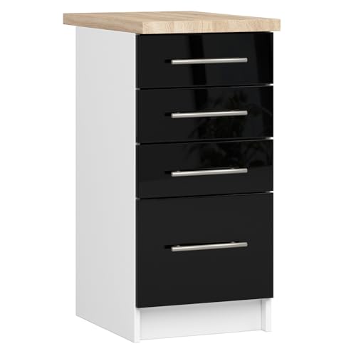 AKORD | Küchenschrank mit Arbeitsplatte - Oliwia S40 | Küchenunterschrank mit 4 Schubladen | Unterschrank Küche 40 cm Breit | ABS-Kante 18 mm | 46 x 40 x 85 cm | Weiß | Schwarz Glanz von AKORD