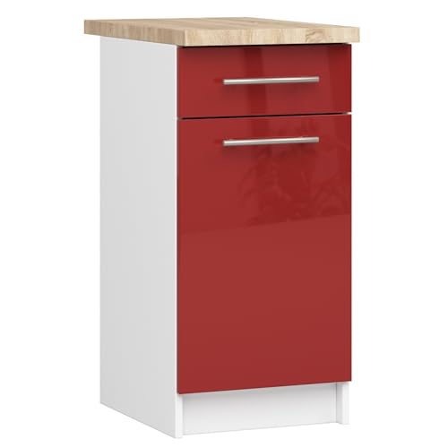 AKORD | Küchenschrank mit Arbeitsplatte - Oliwia S40 | Küchenunterschrank mit Tür, Schublade und 2 Einlegeböden | Unterschrank Küche 40 cm Breit | ABS-Kante 18 mm | 46 x 40 x 85 cm | Weiß | Rot Glanz von AKORD