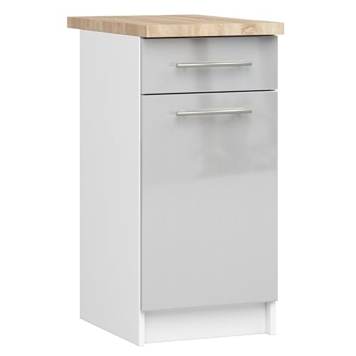 AKORD | Küchenschrank mit Arbeitsplatte - Oliwia S40 | Küchenunterschrank mit Tür, Schublade und 2 Einlegeböden | Unterschrank Küche 40 cm Breit | ABS-Kante 18 mm | 46x40x85 cm | Weiß | Metallic-Glanz von AKORD