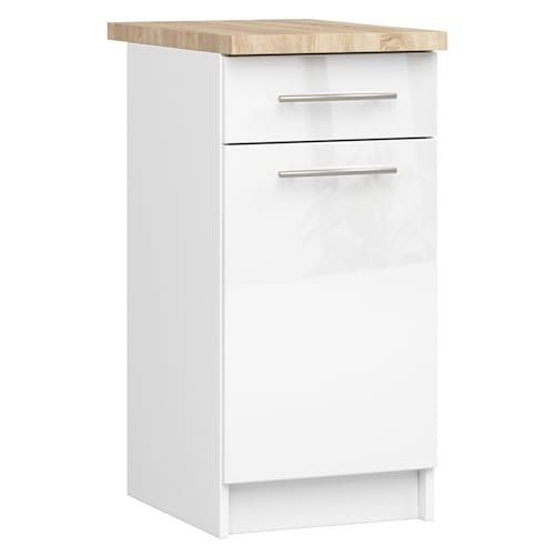 AKORD | Küchenschrank mit Arbeitsplatte - Oliwia S40 | Küchenunterschrank mit Tür, Schublade und 2 Einlegeböden | Unterschrank Küche 40 cm Breit | ABS-Kante 18 mm | 46x40x85 cm | Weiß | Weiß glänzend von AKORD