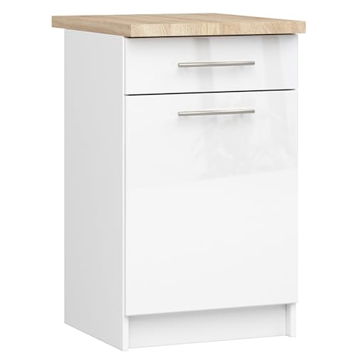 AKORD | Küchenschrank mit Arbeitsplatte - Oliwia S50 | Küchenunterschrank mit Tür, Schublade und 2 Einlegeböden | Unterschrank Küche 50 cm Breit | ABS 18 mm | 46 x 50 x 85 cm | Weiß & Weiß glänzend AKORD | Küchenschrank mit Arbeitsplatte - Oliwia S50 | Küchenunterschrank mit Tür, Schublade und 2 Einlegeböden | Unterschrank Küche 50 cm Breit | ABS 18 mm | 46 x 50 x 85 cm | Weiß & Weiß glänzend von AKORD