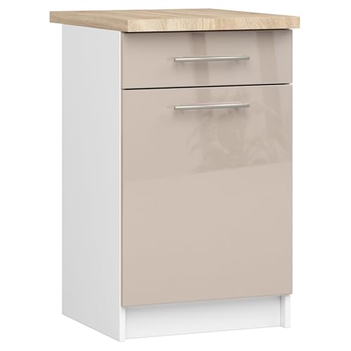 AKORD | Küchenschrank mit Arbeitsplatte - Oliwia S50 | Küchenunterschrank mit Tür, Schublade und 2 Einlegeböden | Unterschrank Küche 50 cm Breit | ABS-Kante 18 mm | 46x50x85 cm | Weiß|Cappuccino Glanz von AKORD