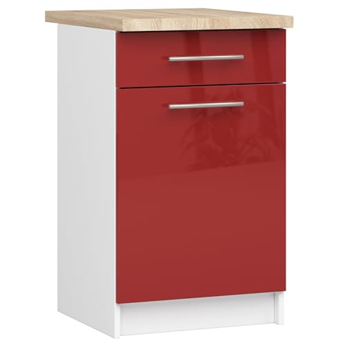 AKORD | Küchenschrank mit Arbeitsplatte - Oliwia S50 | Küchenunterschrank mit Tür, Schublade und 2 Einlegeböden | Unterschrank Küche 50 cm Breit | ABS-Kante 18 mm | 46x50x85 cm | Weiß | Rot Glanz von AKORD