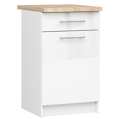 AKORD | Küchenschrank mit Arbeitsplatte - Oliwia S50 | Küchenunterschrank mit Tür, Schublade und 2 Einlegeböden | Unterschrank Küche 50 cm Breit | ABS-Kante 18 mm | 46x50x85 cm | Weiß | Weiß glänzend von AKORD