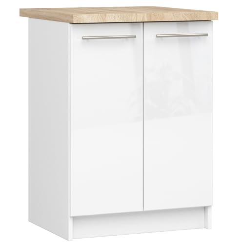 AKORD | Küchenschrank mit Arbeitsplatte - Oliwia S60 | Küchenunterschrank mit 2 Türen und 2 Einlegeböden | Unterschrank Küche 60 cm Breit | ABS-Kante 18 mm | 46 x 60 x 85 cm | Weiß | Weiß glänzend von AKORD