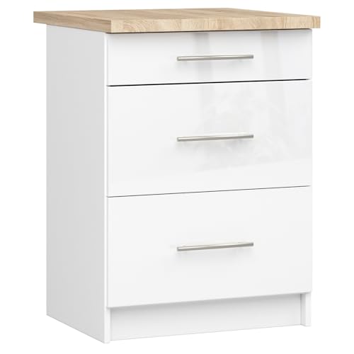 AKORD | Küchenschrank mit Arbeitsplatte - Oliwia S60 | Küchenunterschrank mit 3 Schubladen | Unterschrank Küche 60 cm Breit | ABS-Kante 18 mm | 46 x 60 x 85 cm | Weiß | Weiß glänzend von AKORD