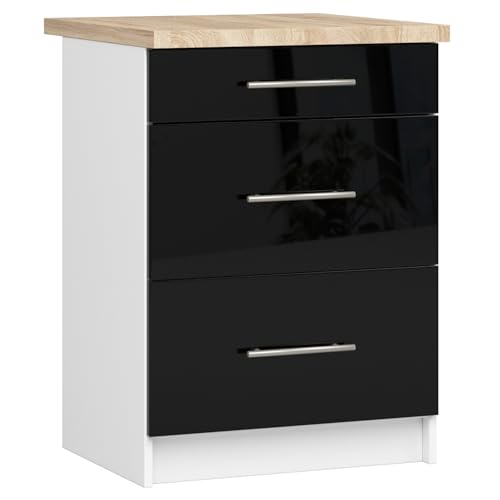 AKORD | Küchenschrank mit Arbeitsplatte - Oliwia S60 | Küchenunterschrank mit 3 Schubladen | Unterschrank Küche 60 cm Breit | ABS-Kante 18 mm | 46 x 60 x 85 cm | Weiß & Schwarz Glanz von AKORD