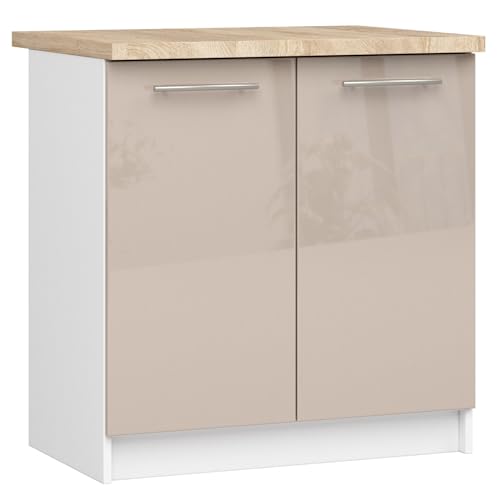 AKORD | Küchenschrank mit Arbeitsplatte - Oliwia S80 | Küchenunterschrank mit 2 Türen und 2 Einlegeböden | Unterschrank Küche 80 cm Breit | ABS-Kante 18 mm | 46 x 80 x 85 cm | Weiß & Cappuccino Glanz von AKORD