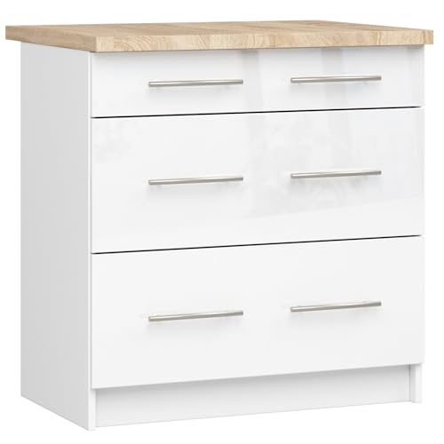 AKORD | Küchenschrank mit Arbeitsplatte - Oliwia S80 | Küchenunterschrank mit 3 Schubladen | Unterschrank Küche 80 cm Breit | ABS-Kante 18 mm | 46 x 80 x 85 cm | Weiß | Weiß glänzend von AKORD