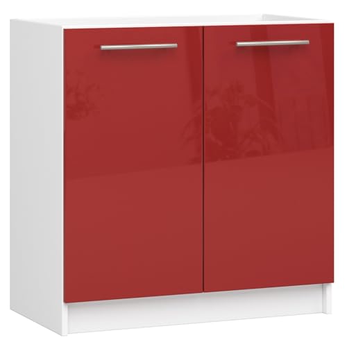 AKORD | Küchenschrank unter der Spüle - Oliwia S80 | Küchenunterschrank mit 2 Türen und 1 Einlegeböden | Unterschrank Küche 80 cm Breit | 46 x 80 x 82 cm | Weiß | Rot Glanz von AKORD