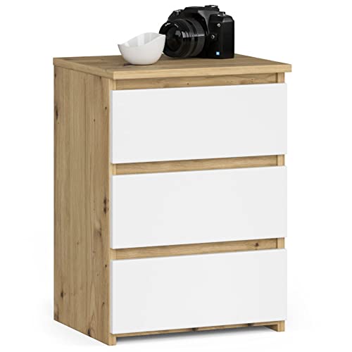 AKORD Nachttisch Kommode CL-3 mit 3 Schubladen | für das Wohnzimmer Schlafzimmer Schrank Büro Arbeitszimmer | Modernes Funktionales Design | B40 x H57 x T35 cm, Gewicht 26 kg | Artisan Eiche/Weiß von AKORD