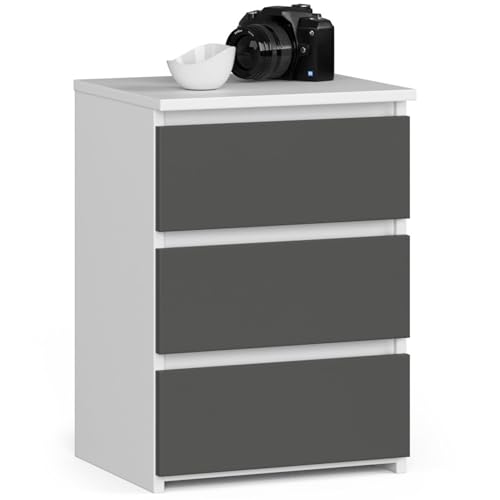 AKORD | Nachttisch Kommode CL-3 mit 3 Schubladen | für das Wohnzimmer Schlafzimmer Schrank Büro Arbeitszimmer | Modernes Funktionales Design | B40 x H57 x T35 cm, Gewicht 26 kg | Weiß | Graphitgrau AKORD | Nachttisch Kommode CL-3 mit 3 Schubladen | für das Wohnzimmer Schlafzimmer Schrank Büro Arbeitszimmer | Modernes Funktionales Design | B40 x H57 x T35 cm, Gewicht 26 kg | Weiß | Graphitgrau von AKORD