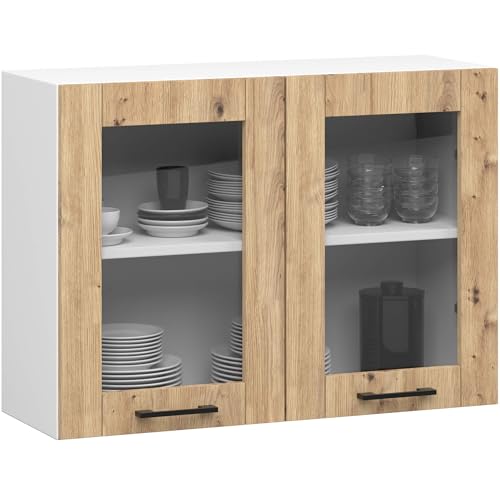AKORD OLIWIA 80 cm Hängeglasschrank 2 Regalböden & 2 Türen | Hängeschrank Einbauküche Küchenzeile Küchenmöbel Oberschrank Küchenschrank B80xH58xT30,5 cm | Weiß & Artisan von AKORD