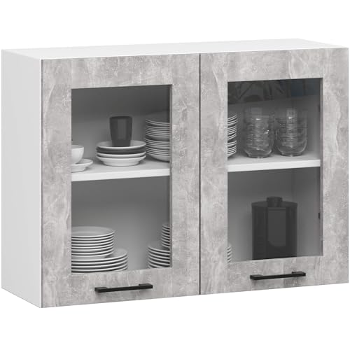 AKORD OLIWIA 80 cm Hängeglasschrank 2 Regalböden & 2 Türen | Hängeschrank Einbauküche Küchenzeile Küchenmöbel Oberschrank Küchenschrank B80xH58xT30,5 cm | Weiß & Beton von AKORD