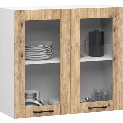 AKORD OLIWIA 80 cm Hängeglasschrank 2 Regalböden & 2 Türen | Hängeschrank Einbauküche Küchenzeile Küchenmöbel Oberschrank Küchenschrank B80xH72xT30,5 cm | Weiß & Artisan von AKORD