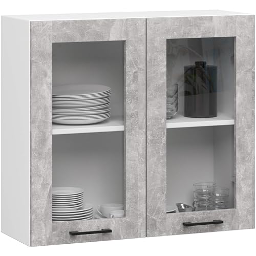 AKORD OLIWIA 80 cm Hängeglasschrank 2 Regalböden & 2 Türen | Hängeschrank Einbauküche Küchenzeile Küchenmöbel Oberschrank Küchenschrank B80xH72xT30,5 cm | Weiß & Beton von AKORD