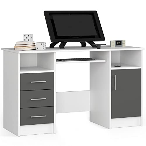 AKORD Schreibtisch ANA 124 cm | mit 1 Tür und 3 Schubladen | Office Desk | Computertisch | Bürotisch | PC-Schreibtisch | B124 x H74 x T52 cm | Gewicht 46,40 kg | Weiß/Graphitgrau AKORD Schreibtisch ANA 124 cm | mit 1 Tür und 3 Schubladen | Office Desk | Computertisch | Bürotisch | PC-Schreibtisch | B124 x H74 x T52 cm | Gewicht 46,40 kg | Weiß/Graphitgrau von AKORD