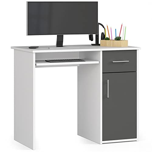 AKORD PC-Schreibtisch PIN mit Tastaturablage | Schreibtisch Klein mit Schubladen | Computertisch | Bürotisch 1 Schublade 1 Ablagefach mit Tür B90 x H74 x T50 cm 29 kg | Weiß/Graphitgraux von AKORD