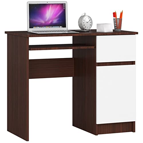 AKORD Piksel Schreibtisch Klein mit Schubladen | Computertisch | Bürotisch mit Tastaturablage | Schublade und Fach mit Tür | Holz Deko | B90 x H77 x T50 cm 30 kg | Schrank Rechts | Farbe: Wenge|Weiß von AKORD