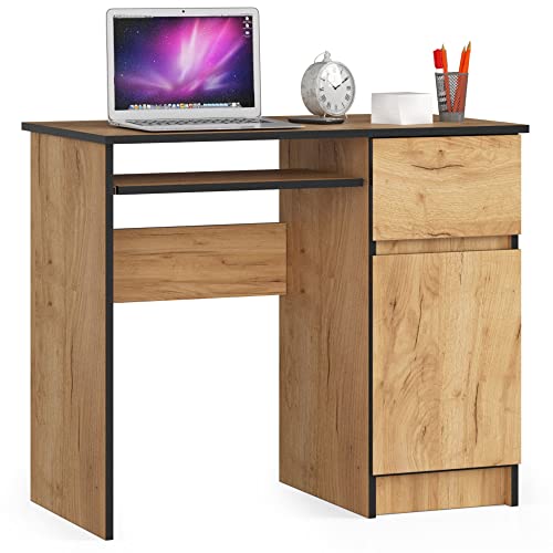 AKORD Piksel Schreibtisch Klein mit Schubladen | Computertisch | Bürotisch mit Tastaturablage | Schublade und Fach mit Tür | Holz Deko | B90 x H77 x T50 cm 30 kg | Schrank Rechts | Handwerk Eiche von AKORD