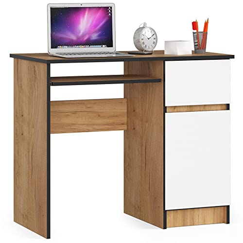 AKORD Piksel Schreibtisch Klein mit Schubladen | Office Desk | Computertisch | Bürotisch mit Tastaturablage | Schublade und Fach mit Tür | B90 x H77 x T50 cm 30 kg | Schrank Rechts | Eiche Craft|Weiß von AKORD